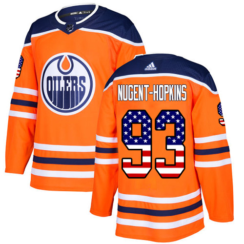Adidas Oilers #93 Ryan Nugent-Hopkins Orange Home Authentic USA Flag Stitched NHL Jersey
