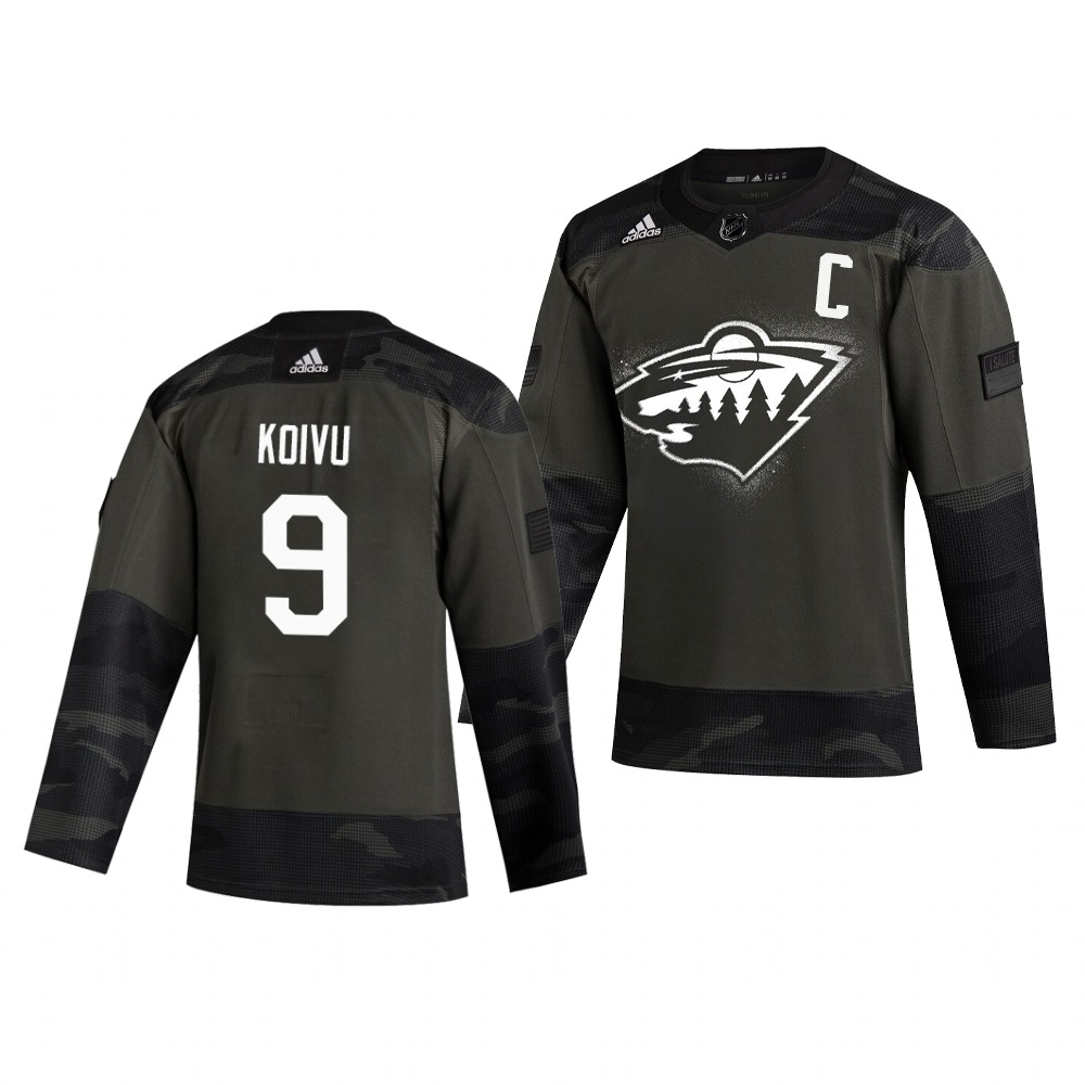 Minnesota Wild #9 Mikko Koivu Adidas 2019 Veterans Day Men's Authentic Practice NHL Jersey Camo