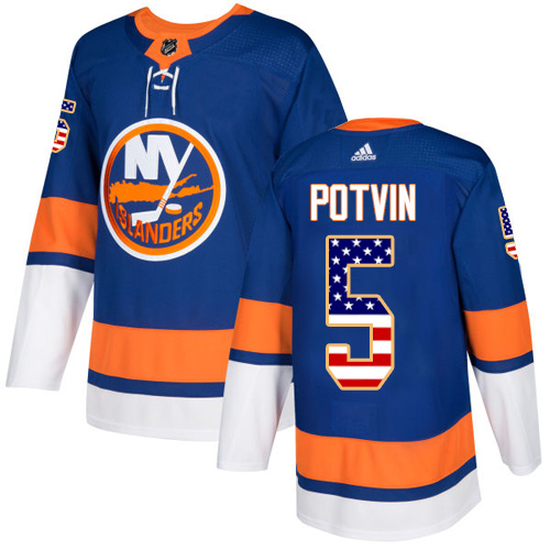 Adidas Islanders #5 Denis Potvin Royal Blue Home Authentic USA Flag Stitched NHL Jersey