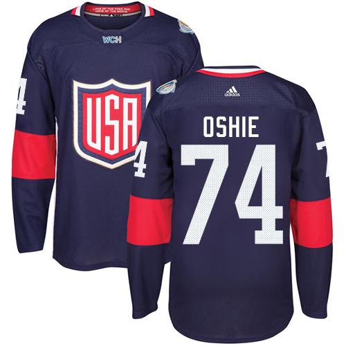 Team USA #74 T. J. Oshie Navy Blue 2016 World Cup Stitched NHL Jersey