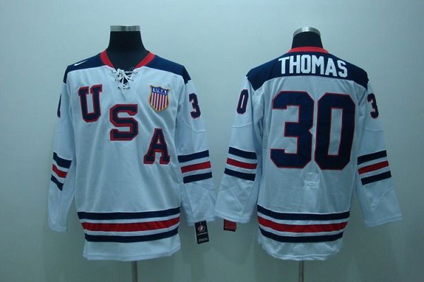 2010 Olympic Team USA #30 Tim Thomas Embroidered White 1960 Throwback NHL Jersey
