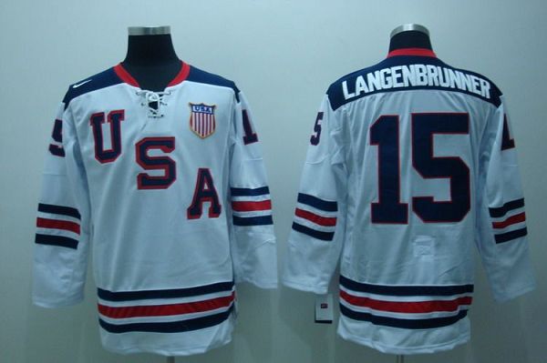 2010 Olympic Team USA #15 Jamie Langenbrunner Embroidered White 1960 Throwback NHL Jersey