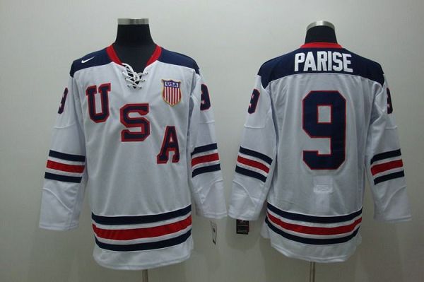 2010 Olympic Team USA #9 Zach Parise Embroidered White 1960 Throwback NHL Jersey