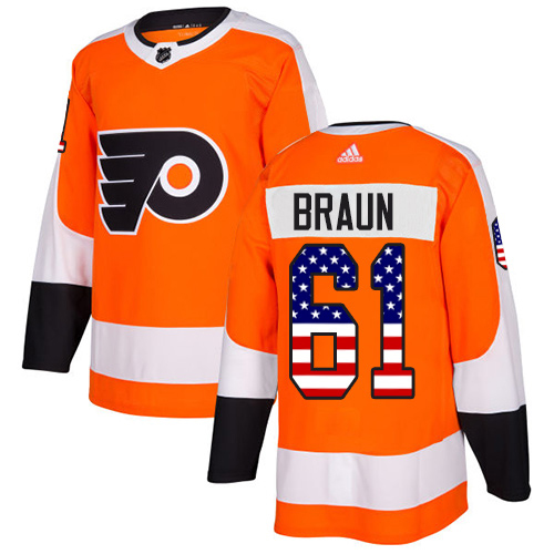 Adidas Flyers #61 Justin Braun Orange Home Authentic USA Flag Stitched NHL Jersey