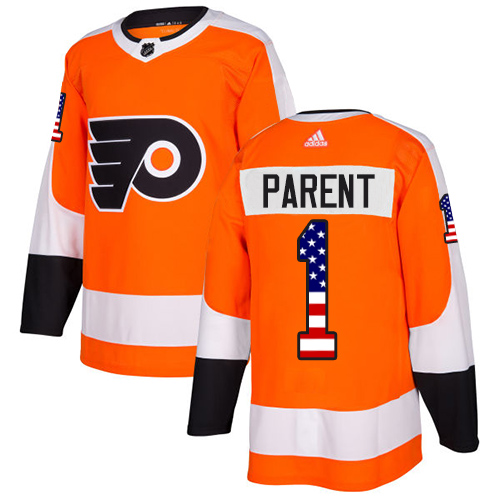 Adidas Flyers #1 Bernie Parent Orange Home Authentic USA Flag Stitched NHL Jersey