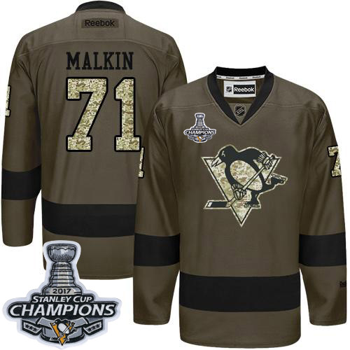 Penguins #71 Evgeni Malkin Green Salute to Service 2017 Stanley Cup Finals Champions Stitched NHL Jersey