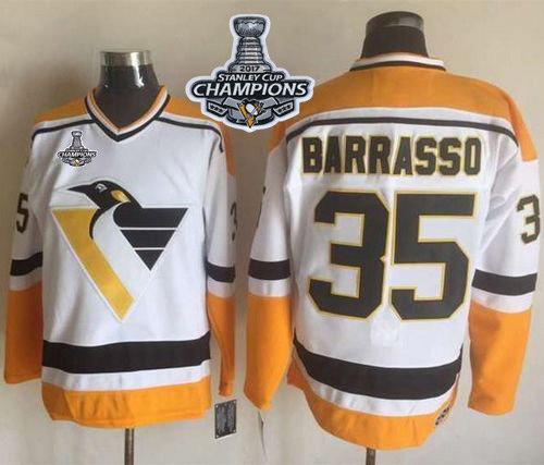 Penguins #35 Tom Barrasso White/Yellow CCM Throwback 2017 Stanley Cup Finals Champions Stitched NHL Jersey