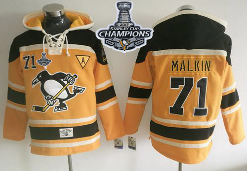 Penguins #71 Evgeni Malkin Gold Sawyer Hooded Sweatshirt 2017 Stanley Cup Finals Champions Stitched NHL Jersey