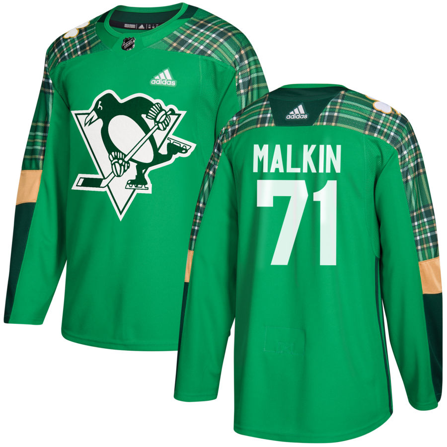 Adidas Penguins #71 Evgeni Malkin adidas Green St. Patrick's Day Authentic Practice Stitched NHL Jersey