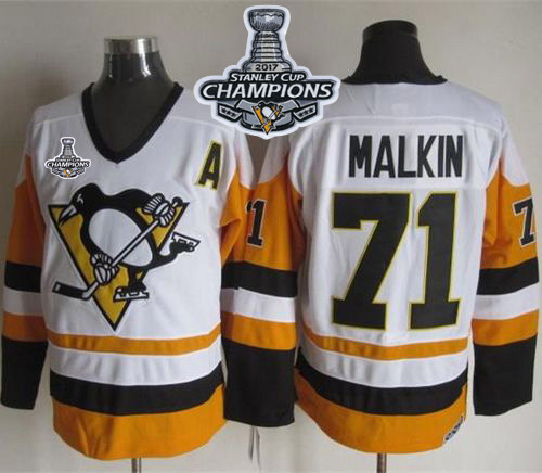 Penguins #71 Evgeni Malkin White/Black CCM Throwback 2017 Stanley Cup Finals Champions Stitched NHL Jersey