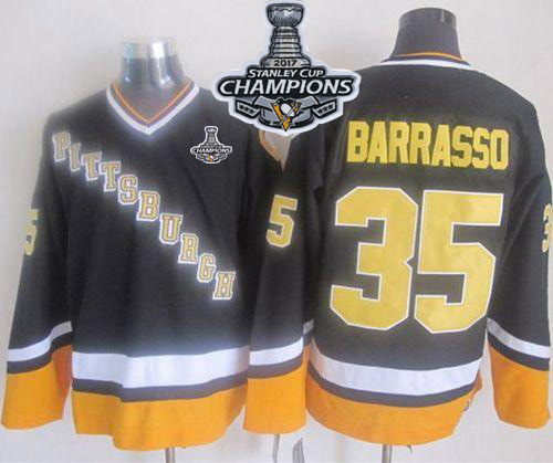 Penguins #35 Tom Barrasso Black/Yellow CCM Throwback 2017 Stanley Cup Finals Champions Stitched NHL Jersey