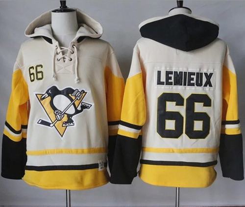 Penguins #66 Mario Lemieux Cream/Gold Sawyer Hooded Sweatshirt Stitched NHL Jersey
