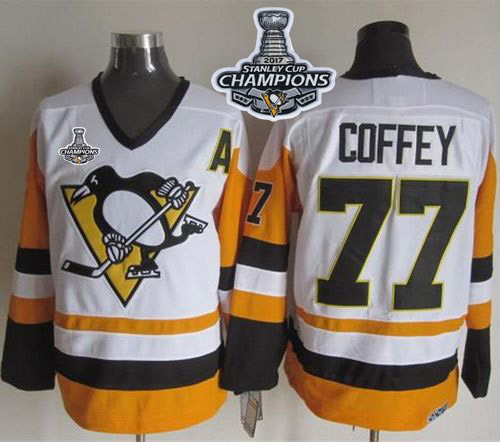 Penguins #77 Paul Coffey White/Black CCM Throwback 2017 Stanley Cup Finals Champions Stitched NHL Jersey