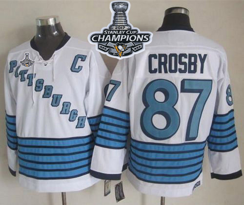 Penguins #87 Sidney Crosby White/Light Blue CCM Throwback 2017 Stanley Cup Finals Champions Stitched NHL Jersey