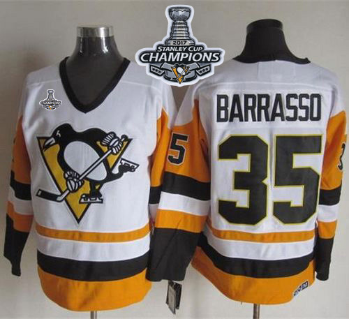 Penguins #35 Tom Barrasso White/Black CCM Throwback 2017 Stanley Cup Finals Champions Stitched NHL Jersey