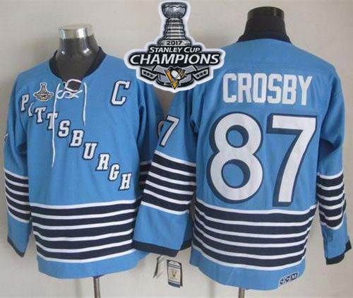 Penguins #87 Sidney Crosby Light Blue CCM Throwback 2017 Stanley Cup Finals Champions Stitched NHL Jersey