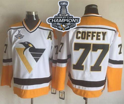 Penguins #77 Paul Coffey White/Yellow CCM Throwback 2017 Stanley Cup Finals Champions Stitched NHL Jersey