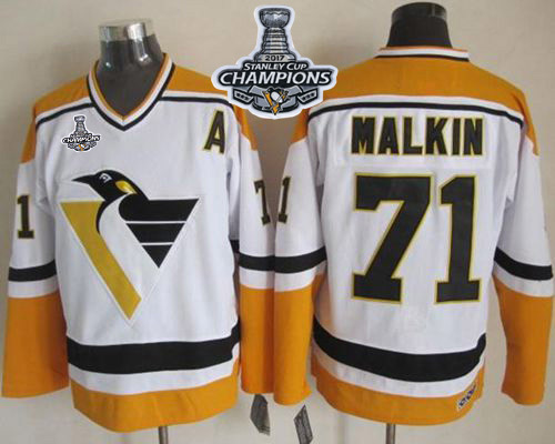 Penguins #71 Evgeni Malkin White/Yellow CCM Throwback 2017 Stanley Cup Finals Champions Stitched NHL Jersey