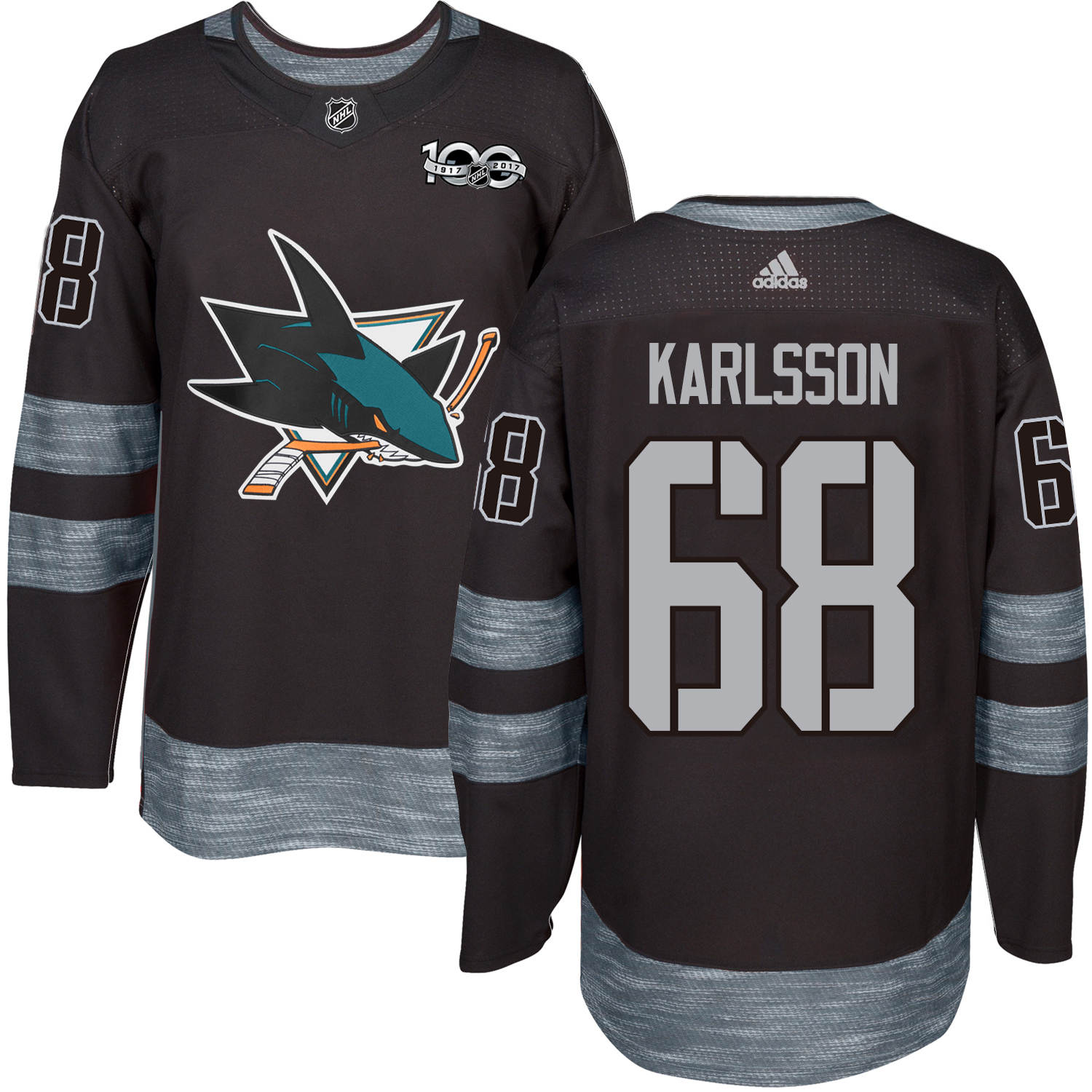 Adidas Sharks #68 Melker Karlsson Black 1917-2017 100th Anniversary Stitched NHL Jersey