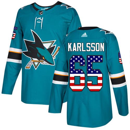 Adidas Sharks #65 Erik Karlsson Teal Home Authentic USA Flag Stitched NHL Jersey