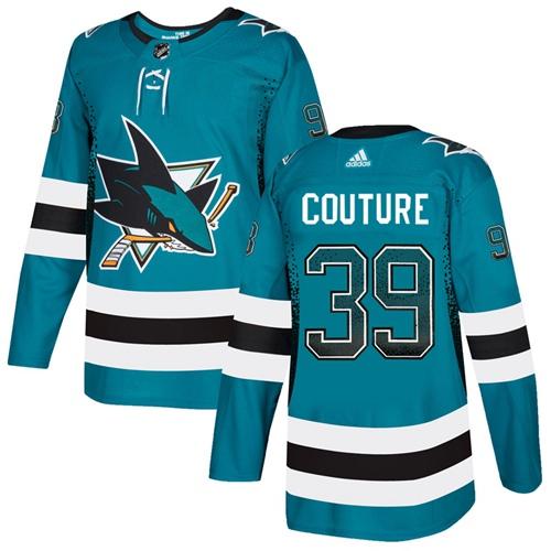 Adidas Sharks #39 Logan Couture Teal Home Authentic Drift Fashion Stitched NHL Jersey