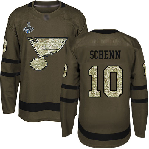 Adidas Blues #10 Brayden Schenn Green Salute to Service Stanley Cup Champions Stitched NHL Jersey