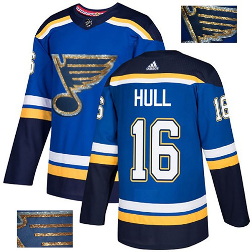Adidas Blues #16 Brett Hull Blue Home Authentic Fashion Gold Stitched NHL Jersey