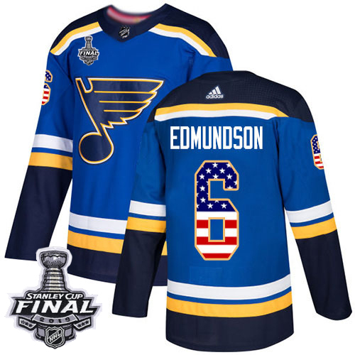 Adidas Blues #6 Joel Edmundson Blue Home Authentic USA Flag 2019 Stanley Cup Final Stitched NHL Jersey