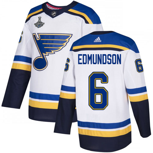 Adidas Blues #6 Joel Edmundson White Road Authentic 2019 Stanley Cup Champions Stitched NHL Jersey