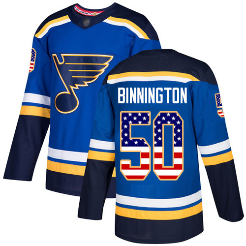 Adidas Blues #50 Jordan Binnington Blue Home Authentic USA Flag Stitched NHL Jersey