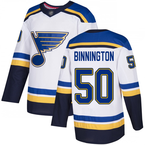 Adidas Blues #50 Jordan Binnington White Road Authentic Stitched NHL Jersey