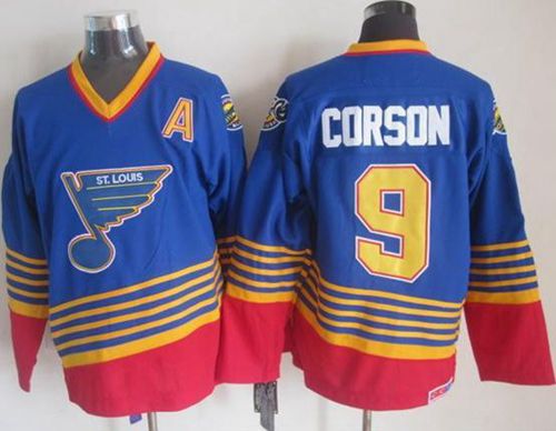 Blues #9 Shayne Corson Light Blue/Red CCM Throwback Stitched NHL Jersey