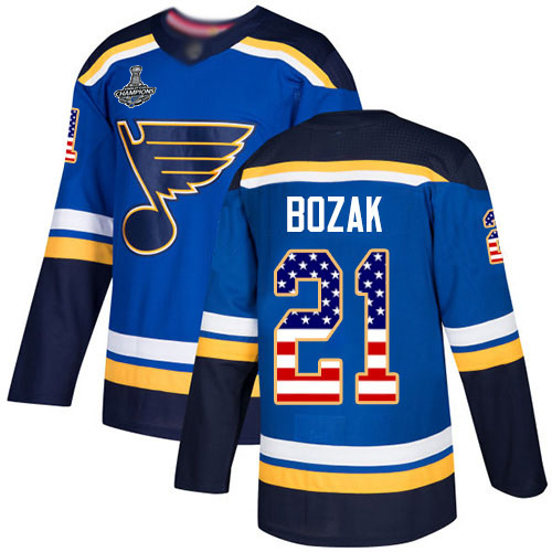 Adidas Blues #21 Tyler Bozak Blue Home Authentic USA Flag Stanley Cup Champions Stitched NHL Jersey
