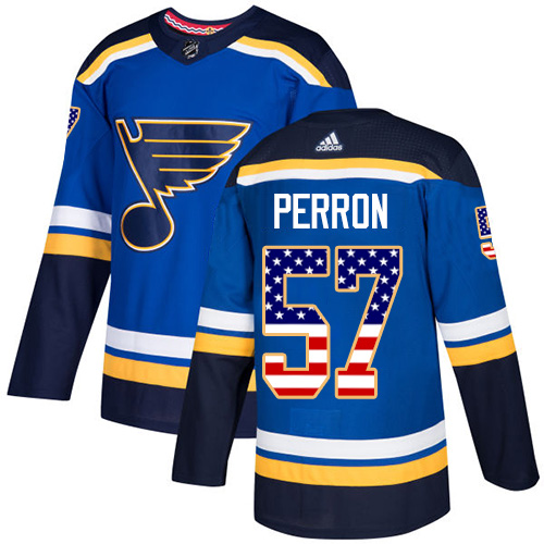 Adidas Blues #57 David Perron Blue Home Authentic USA Flag Stitched NHL Jersey