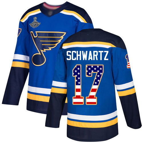 Adidas Blues #17 Jaden Schwartz Blue Home Authentic USA Flag Stanley Cup Champions Stitched NHL Jersey
