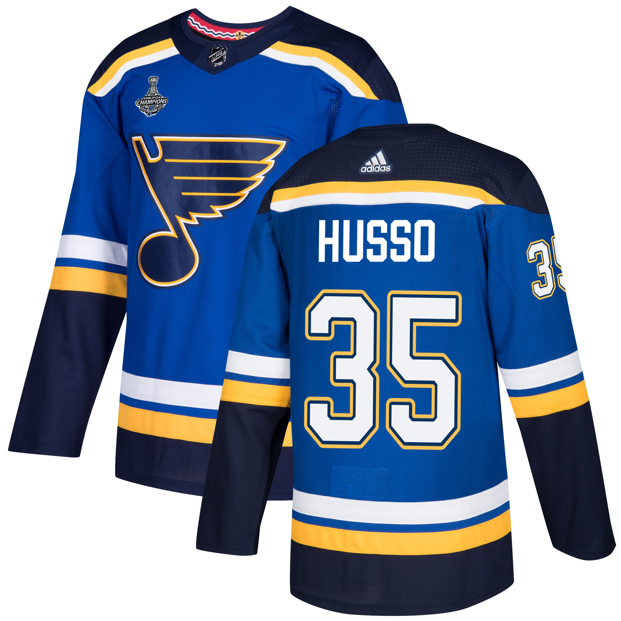 Adidas Blues #35 Ville Husso Blue Home Authentic 2019 Stanley Cup Champions Stitched NHL Jersey