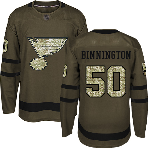 Adidas Blues #50 Jordan Binnington Green Salute to Service Stitched NHL Jersey