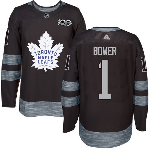 Adidas Maple Leafs #1 Johnny Bower Black 1917-2017 100th Anniversary Stitched NHL Jersey