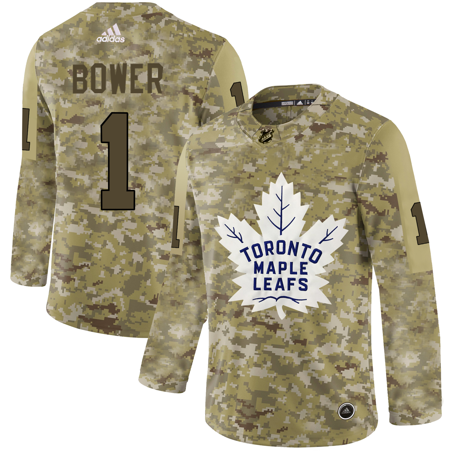 Adidas Maple Leafs #1 Johnny Bower Camo Authentic Stitched NHL Jersey