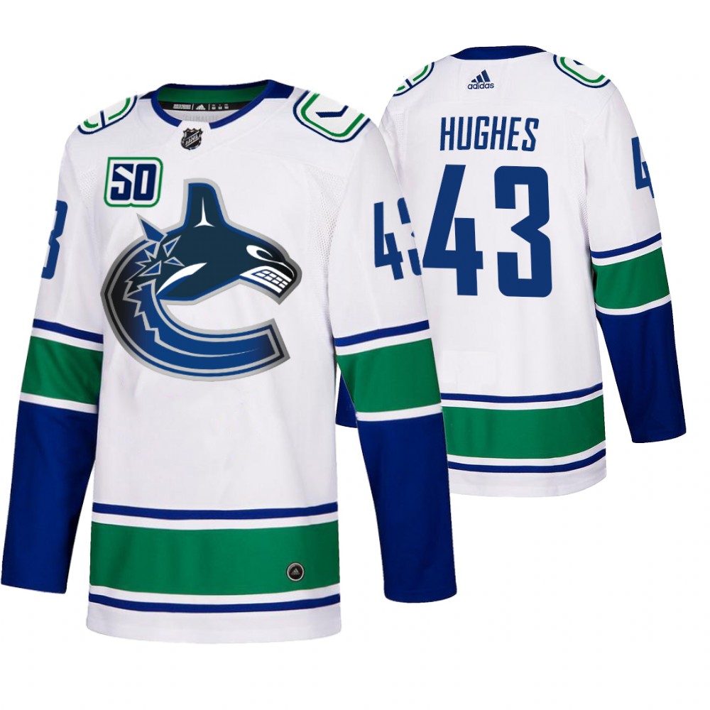 Vancouver Canucks #43 Quinn Hughes 50th Anniversary Men's White 2019-20 Away Authentic NHL Jersey