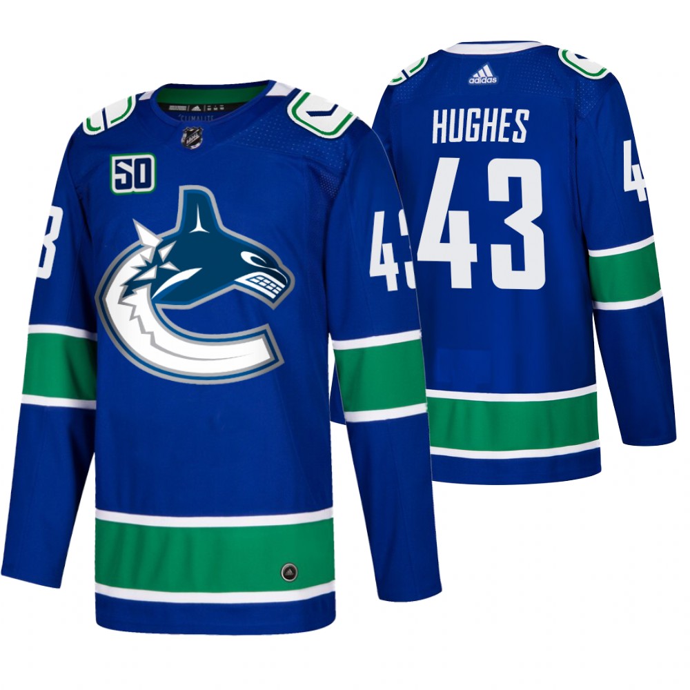 Men's Vancouver Canucks #43 Quinn Hughes Adidas Blue 2019-20 Home Authentic NHL Jersey