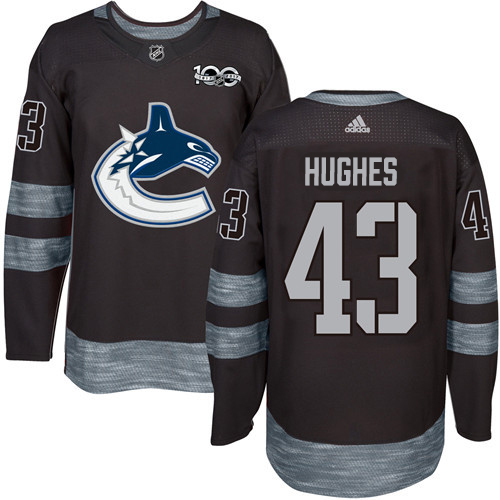 Adidas Canucks #43 Quinn Hughes Black 1917-2017 100th Anniversary Stitched NHL Jersey