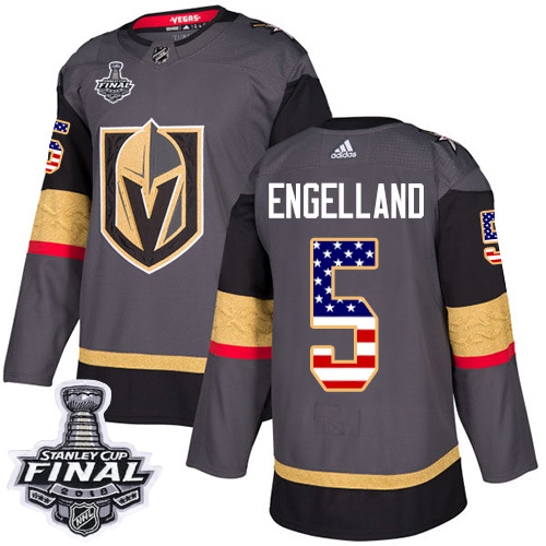 Adidas Golden Knights #5 Deryk Engelland Grey Home Authentic USA Flag 2018 Stanley Cup Final Stitched NHL Jersey