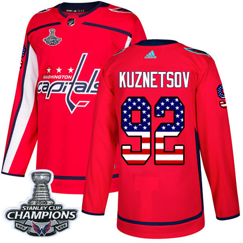 Adidas Capitals #92 Evgeny Kuznetsov Red Home Authentic USA Flag Stanley Cup Final Champions Stitched NHL Jersey