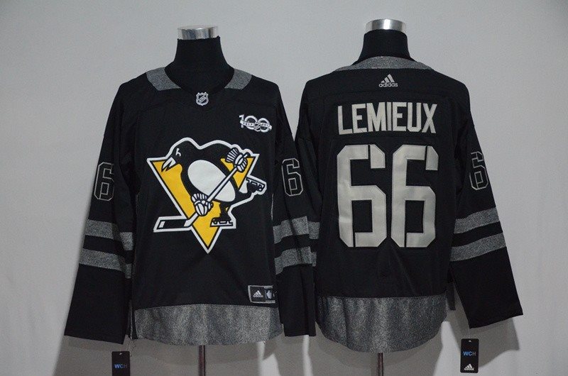 NHL Penguins 66 Mario Lemieux Black 100th Anniversary Season Men Jersey