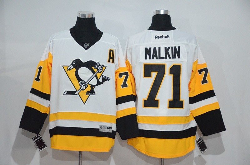 NHL Penguins 71 Evgeni Malkin A Patch White Yellow Reebok Men Jersey