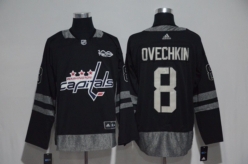 NHL Capitals 8 Alexander Ovechkin Black 100th Anniversary Season Men Jersey