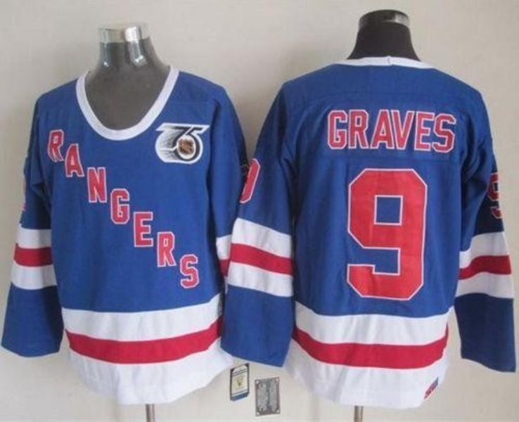 NHL Rangers 9 Adam Graves Blue CCM 75TH Men Jersey
