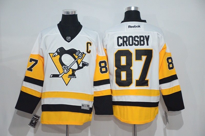 NHL Penguins 87 Sidney Crosby C Patch White Yellow Reebok Men Jersey
