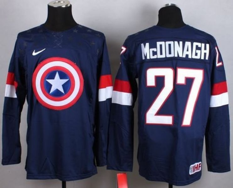 Olympic Team USA 27 Ryan McDonagh Navy Blue Captain America Fashion Stitched NHL Jersey